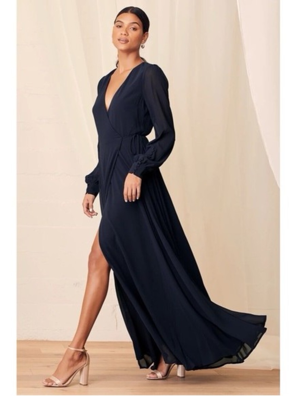 NWT Lulus My Whole Heart Navy Blue Long Sleeve Maxi Wrap Dress Size Large